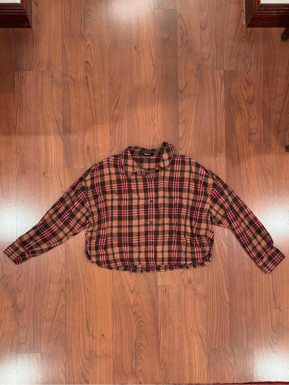 Madewell Plaid Cotton Flannel Button-Down Shirt in Terracota Orange and Pink